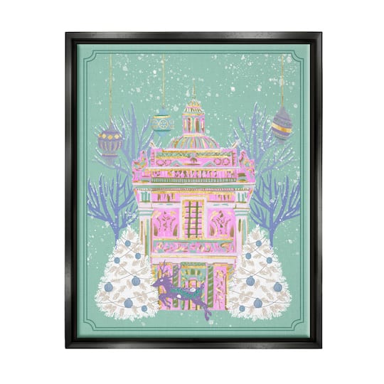 Stupell Industries Pink Ornate Christmas Building Framed Floater Canvas Wall Art